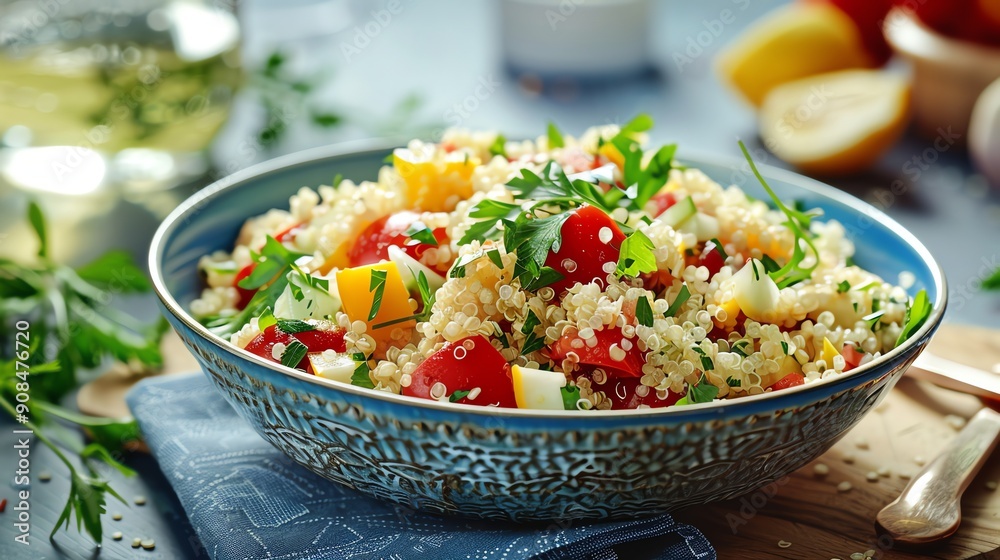 Wall mural a bowl of quinoa salad with tomatoes, bell peppers, parsley, and eggs.