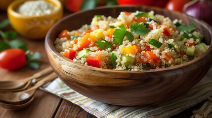 A bowl of quinoa salad with bell peppers, zucchini, and parsley.