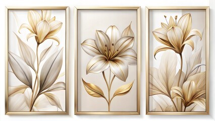 Set of three vertical poster, abstract   smokey  lily floral shape art panels