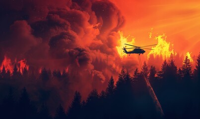Firefighter helicopter extinguishes forest fire