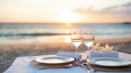 Sunset Romance: Intimate Valentine's Day Dinner Setup on Beach
