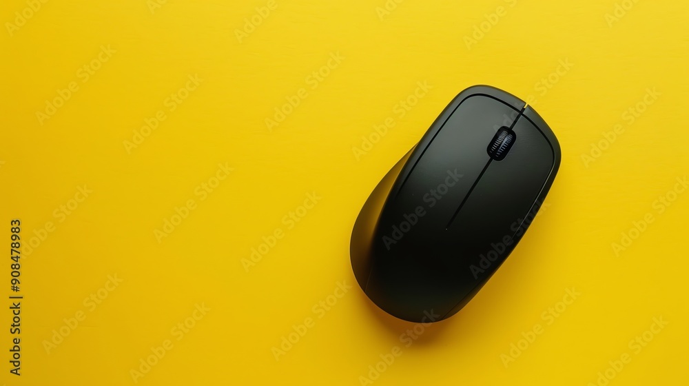 Wall mural a black computer mouse on a yellow background.