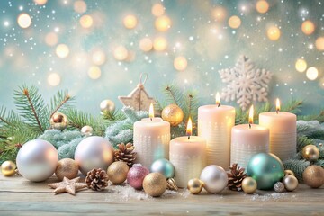 Background with decorative Christmas tree toys and candles, pastel colors, space for an inscription at the top, gentle and festive