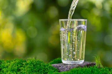 water pouring into glass on stone with moss