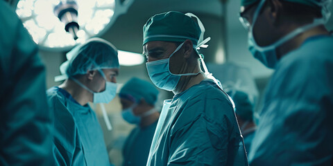 A group of surgeons in an operating room, wearing scrubs, masks, and gloves, preparing for a surgery.