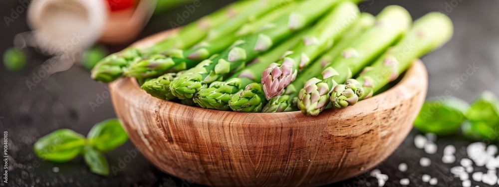 Poster  A wooden bowl holds green asparagus, nestled atop a black countertop Nearby stand salt and pepper shakers