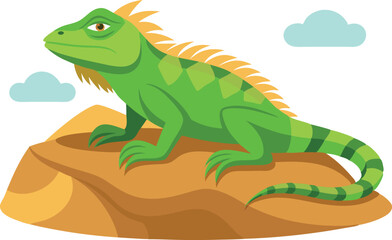 Obraz premium A vibrant green iguana sits gracefully on a rock under light clouds.