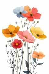 Collection of 2D and 3D Vector Flat Abstract Minimalistic Art of Flowers and Meadow Isolated on a White Background