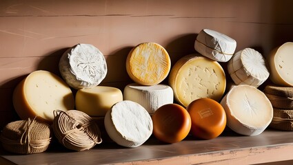 cheeses arranged on a shelf