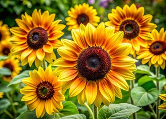 Obraz premium Vibrant sunflowers with bright yellow petals and dark brown centers bloom amidst lush green foliage, creating a stunning contrast in this serene garden scene.