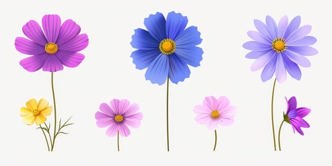 Fototapeta premium Collection of 2D and 3D Vector Flat Abstract Minimalistic Art of Flowers and Meadow Isolated on a White Background
