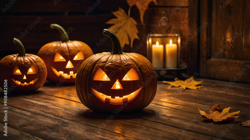 Wall mural halloween pumpkin on a wooden table