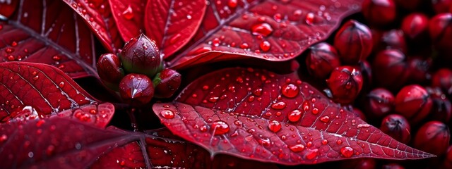 leaves dotted with water droplets, background of ripe berry bundle