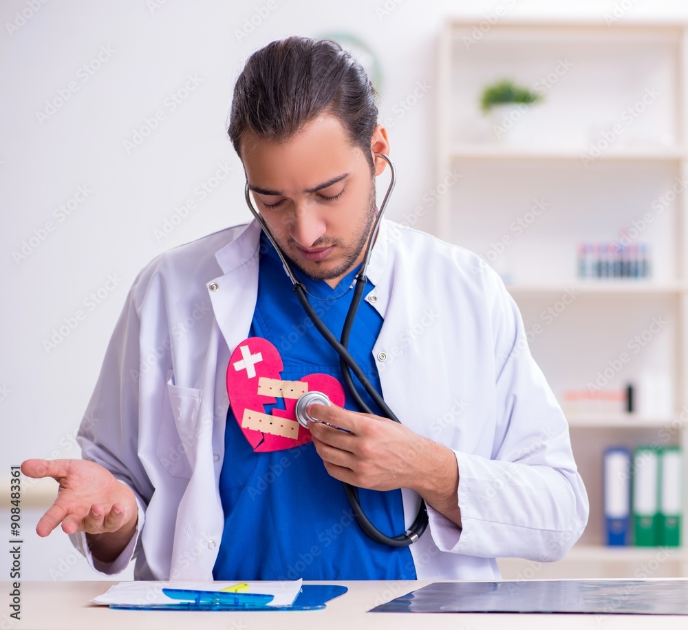 Sticker young male doctor being tired after night shift