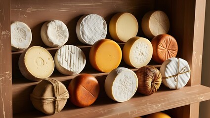 cheeses arranged on a shelf
