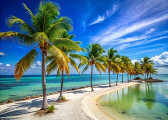 Obraz premium Bright blue waters lap against the white sandy shores of Sombrero Beach, lined with swaying palm trees, in the tropical Florida Keys, Marathon, Florida.