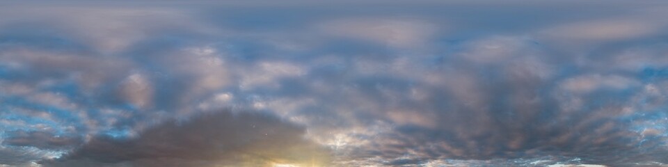 Sunset sky with bright glowing pink Cumulus clouds. Seamless spherical HDR 360 panorama. Full zenith or sky dome in 3D, sky replacement for aerial drone panoramas. Climate and weather change.