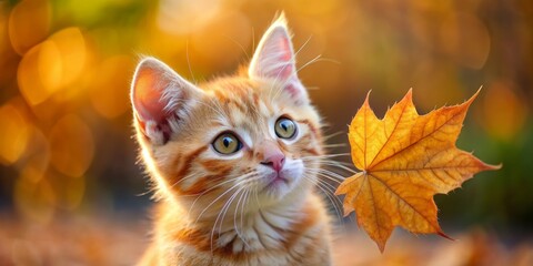 Adorable orange kitten pauses to gaze back at a large, crispy dry leaf, its bright curious eyes shining with wonder in the autumnal atmosphere.