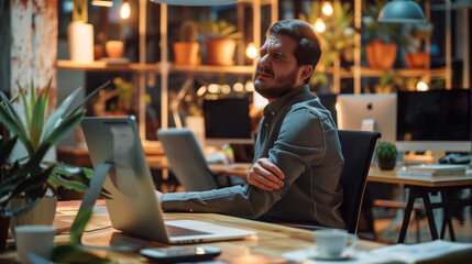 Obraz premium Young male office worker sits at a desk, grimacing in pain