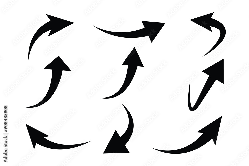 Poster black arrows of various shapes set. curve arrow collections. realistic arrow twisted in various dire
