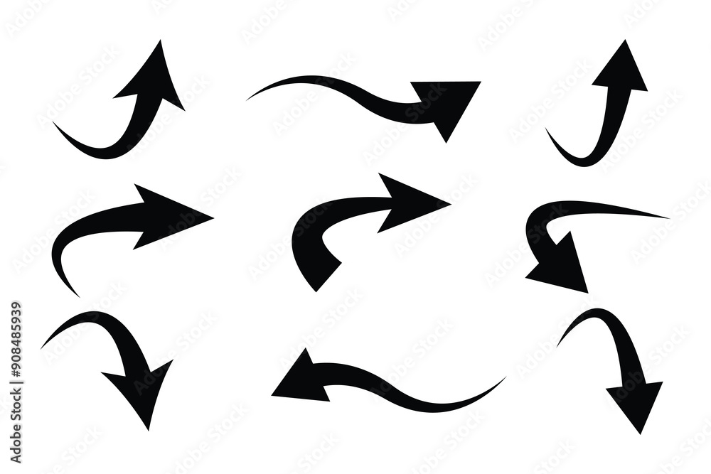 Poster black arrows of various shapes set. curve arrow collections. realistic arrow twisted in various dire