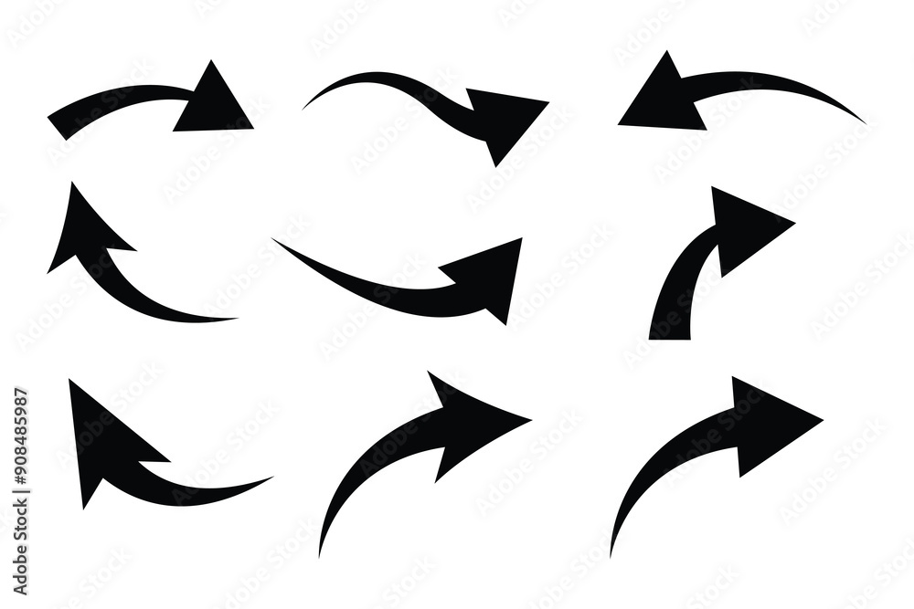 Poster black arrows of various shapes set. curve arrow collections. realistic arrow twisted in various dire