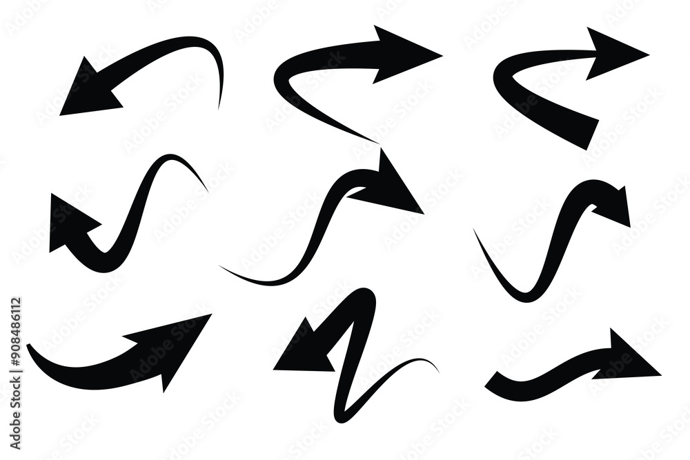 Poster set of black curve arrow icon vector. curve arrow icon set. curved arrow icons featuring varied shap