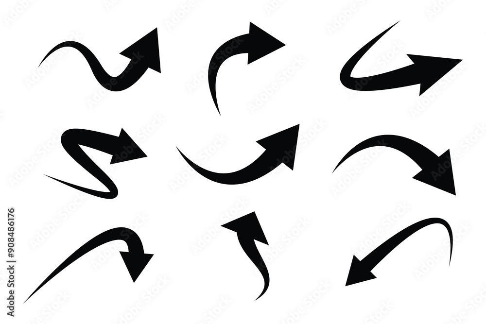 Poster set of black curve arrow icon vector. curve arrow icon set. curved arrow icons featuring varied shap