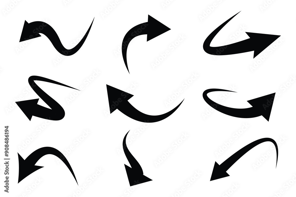 Poster set of black curve arrow icon vector. curve arrow icon set. curved arrow icons featuring varied shap