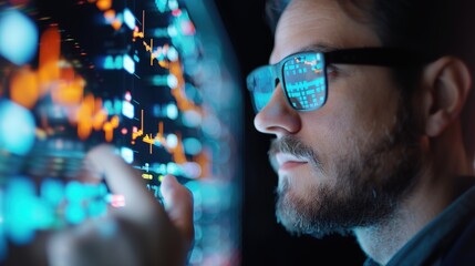 Digital Augmented Reality: Man Engaging with Virtual Stock Market Holograms Showing Positive Indicators in 2025
