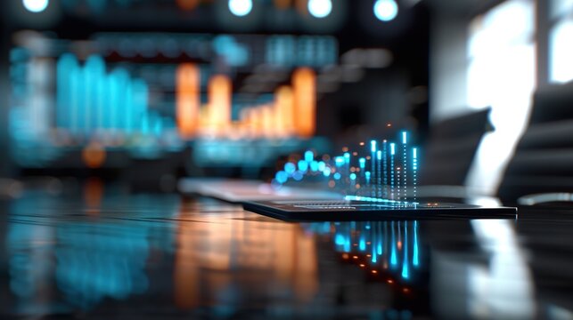 Futuristic AR Conference Room with Upbeat Financial Projections and Positive Indicators for 2025