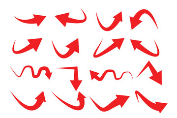 Red ,black Curved arrow set. Curved Arrows sign. Set of curved arrows isolated on white background. arrow twisted in various directions. Collection of pointers. Vector illustration 