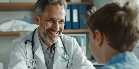 A doctor and a young patient share a genuine laugh during a checkup, highlighting the positive and comforting aspects of medical care.. caucasian man