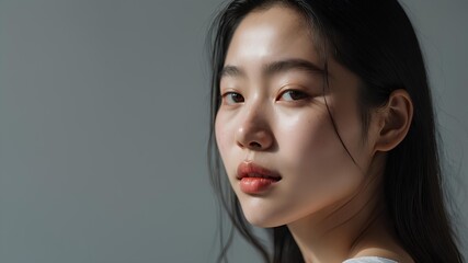 Naklejka premium Asian korean glamour girl with strong look, looking at camera, fashion face.