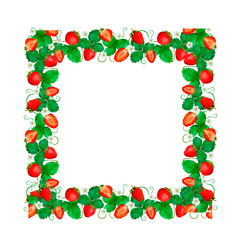 Square Strawberry Frame with Juicy Fruit and Green Leaves, for a fresh botanical composition