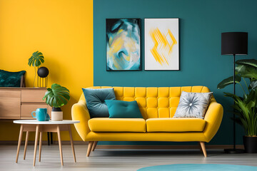 Vibrant yellow sofa and chair.Scandinavian Interior Design in Modern Living Room,Teal wall with poster frame. 