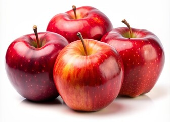 Vibrant red prince apples with prominent lenticels and slight stem attached, isolated against a clean white background, showcasing their appealing texture and color.