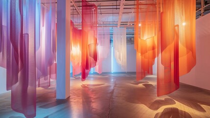 A gallery space with colorful, translucent fabric hanging from the ceiling, casting shadows on the floor.