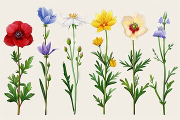 Fototapeta premium Collection of 2D and 3D Vector Flat Abstract Minimalistic Art of Flowers and Meadow Isolated on a White Background