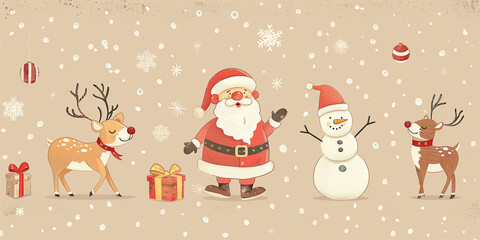 Postkarte Weihnachten mit Weihnachtsmann Schneemann im Cartoon Stil