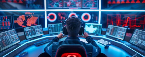 Gamer in High-Tech Control Room with Multiple Screens