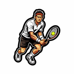 A man in a white tennis shirt and shorts hits a tennis ball with a racket.