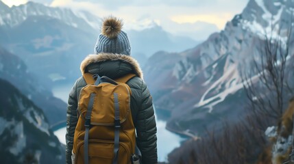 Fototapeta premium A person wearing a puffy jacket, a beanie, and a backpack stands atop a mountain overlooking a scenic view.