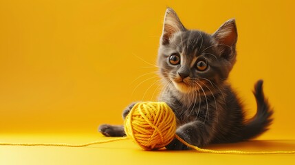 A cute grey tabby kitten playing with a ball of yellow yarn.