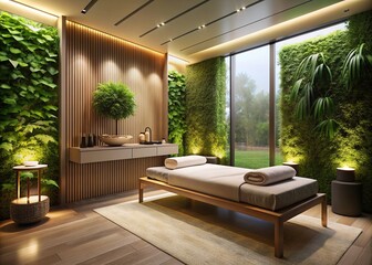 Fototapeta premium Sleek, modern spa ambiance illuminated by soft lighting, featuring a plush massage bed, minimalist decor, and lush greenery, evoking serenity and relaxation.