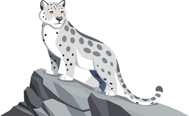 A snow leopard surveys its surroundings from a high rocky ledge, showcasing its striking coat and powerful presence.