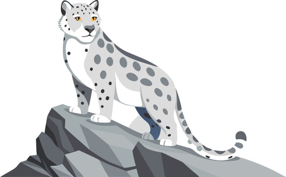 A snow leopard surveys its surroundings from a high rocky ledge, showcasing its striking coat and powerful presence.