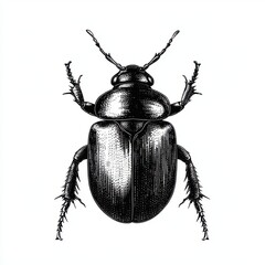 Black and white Vintage engraved art of a beetle isolated on white background, ink sketch illustration, simple vector art design, highly detailed line art, high contrasty.