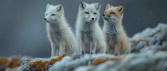 A white fox in a snowy winter, mammal wild animal in south pole's earth, which ungulates that live in the south pole's earth in groups of families or species societies