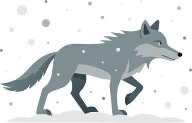 Obraz premium A grey wolf strides confidently through falling snowflakes in a winter landscape.